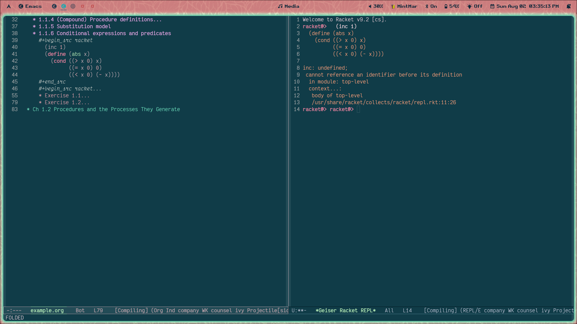 pic of my emacs frame showing weird output in the Geiser REPL