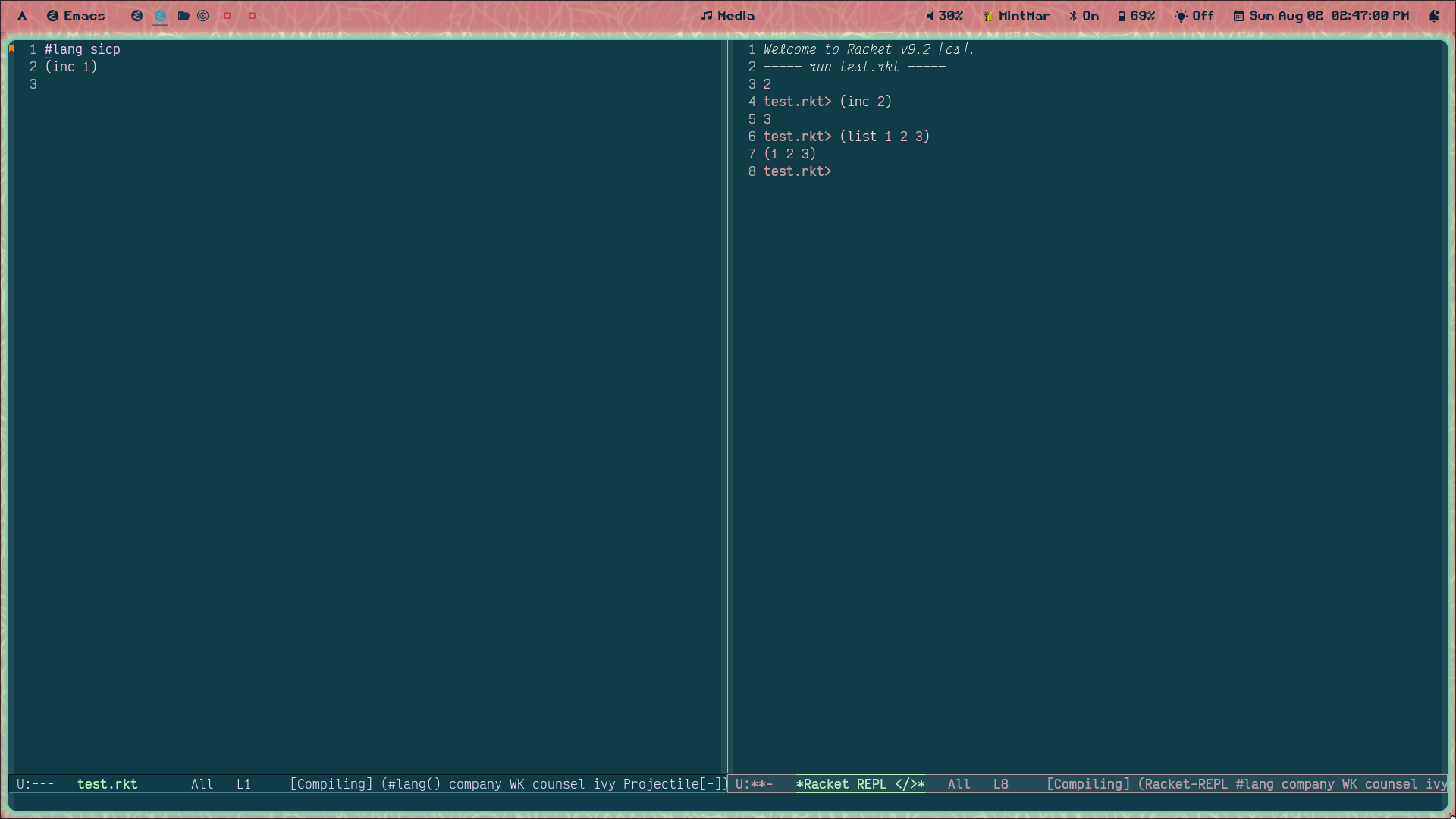 pic of my emacs frame showing successul test.rkt eval in REPL
